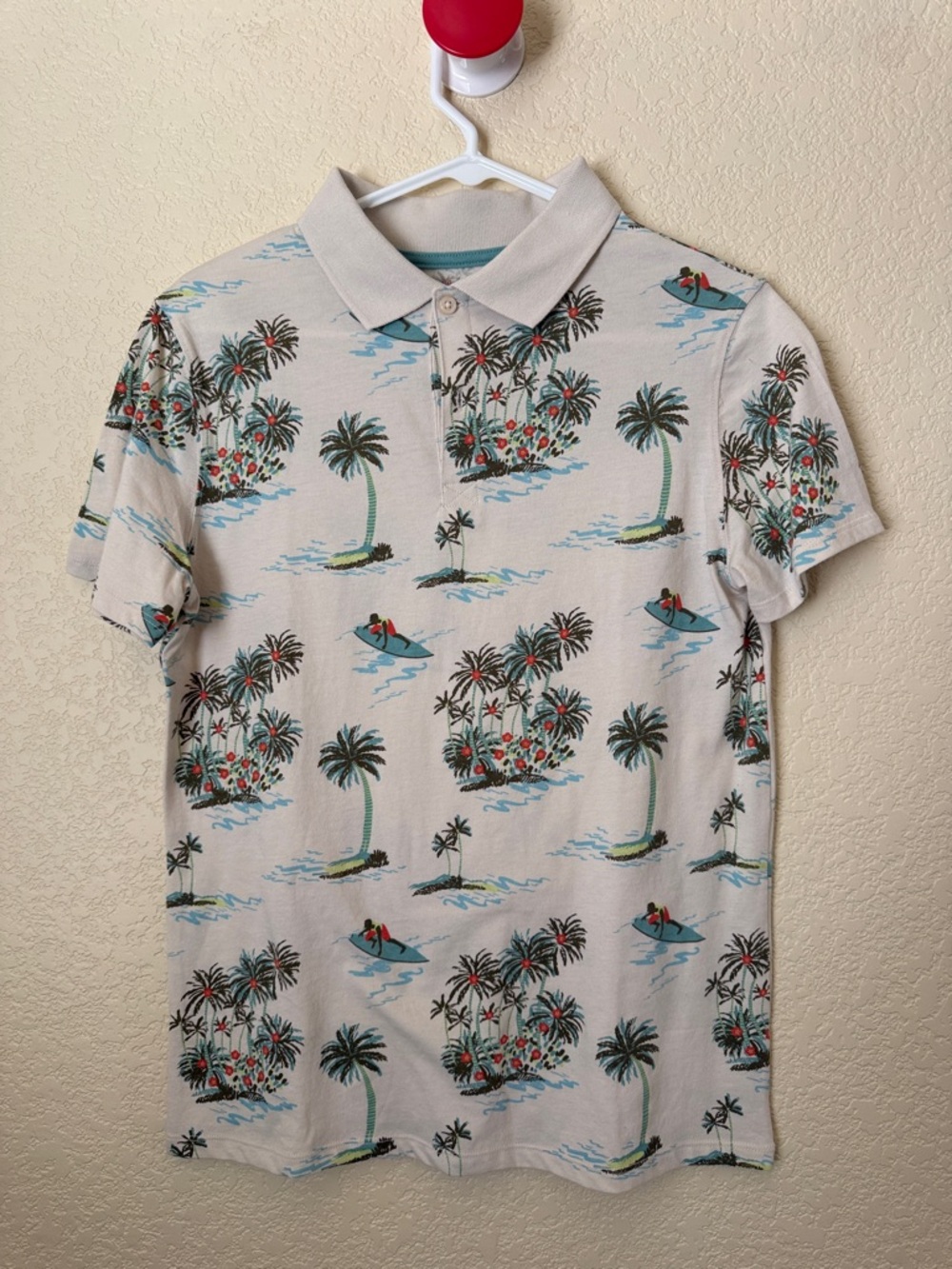 Cat & Jack Cream Tropical Palm Print Polo Size Kids XL 14